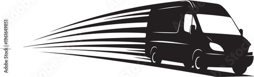 Black van speeding with motion lines on white background