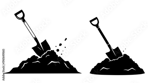 Industrial shovel digging into dirt pile silhouettes construction and gardening tools set.