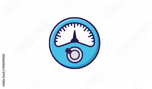 Cartoon round scale vector icon with rotating pointer for technical and UI designs