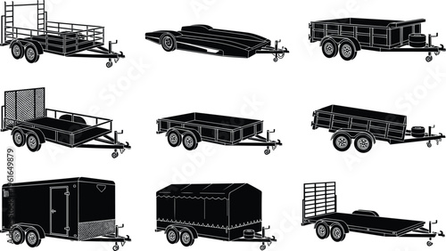 Collection of nine different trailer silhouettes including utility, enclosed, flatbed, car hauler, and dump trailers designed for hauling vehicles, equipment, and goods
