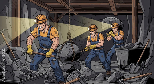 Cartoon Miners Working Hard in a Coal Mine.