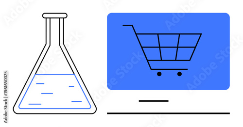 Ecommerce, technology, innovation, online shopping, scientific development, business solutions. Laboratory flask and digital shopping cart icon. Ecommerce and technology concept