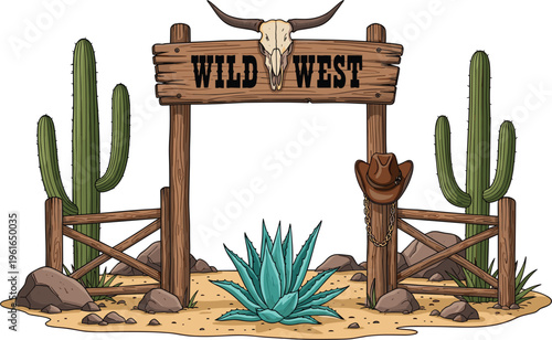 Wild west wooden sign with skull, cactus and desert elements, vintage western cowboy scene illustration for frontier, adventure, ranch, old west theme and rustic landscape design