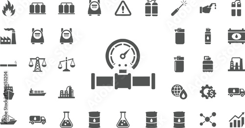 Comprehensive oil and gas industry icons set featuring pipeline pressure gauge, safety equipment, transportation, 