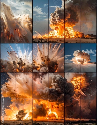 Dramatic Explosions - A Collage of Powerful Detonations in a Grid Format.