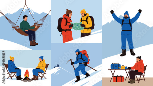Winter mountain adventure illustration set with hikers camping, climbing and exploring snowy landscape, outdoor travel lifestyle vector collection isolated on background