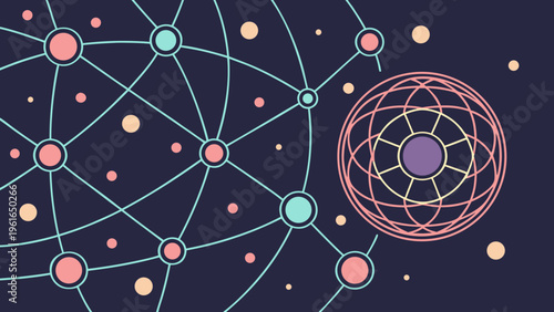 Abstract technology background with a globe and space featuring a network vector design of molecular structures and social connections for internet science communication