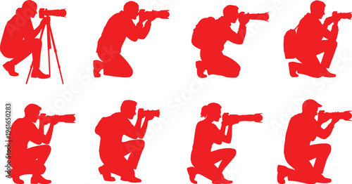Collection of red photographer silhouettes featuring men and women crouching with professional cameras telephoto lenses and tripods for media work