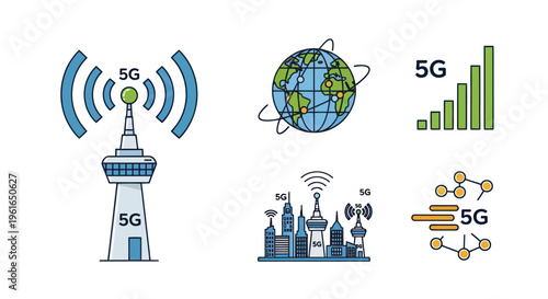 5G Network Tower and Global Connectivity Icons Set