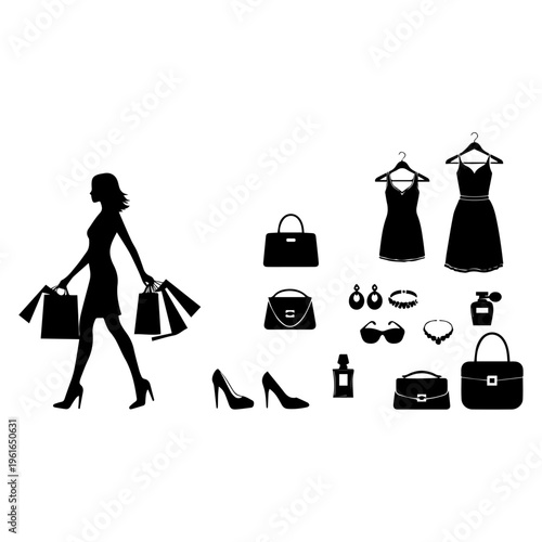 Fashion Shopping Woman Silhouette with Bags and Accessories Vector Illustration