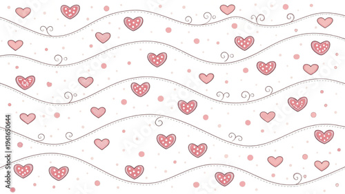 Cute repeating heart motif with dots scattered on wavy lines
