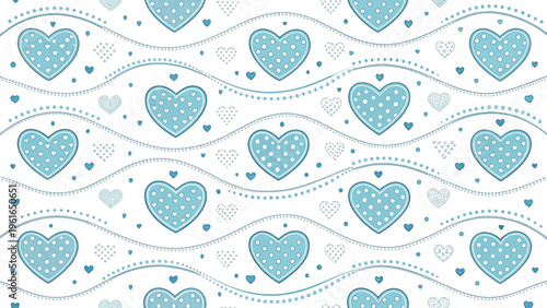 Cute repeating heart motif with dots scattered on wavy lines

