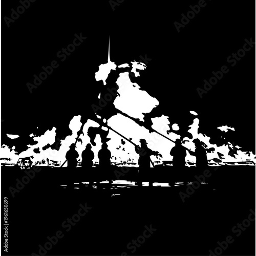 Firefighters Battling Large Blaze Silhouette – Emergency Rescue Team Fighting Fire at Night Vector Illustration