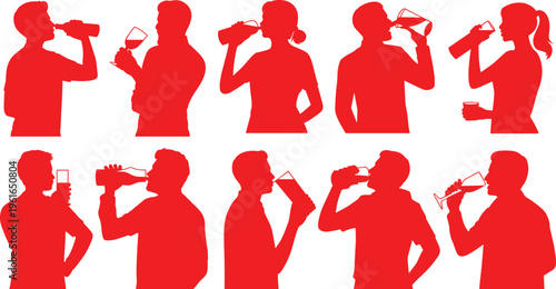 Collection of red silhouettes featuring men and women drinking from bottles and glasses representing hydration social life and beverage consumption