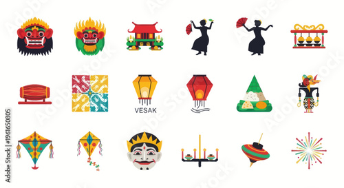 Traditional Asian Art Icons: Masks, Dancers, Temples, Lanterns, Gamelan, Kites