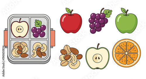 Healthy Lunchbox with Fruits and Nuts - Apple, Grapes, Orange, Cashew, Almond