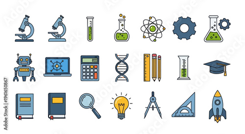 Science and Education Icons Set: Technology, Research, Learning, and Innovation Symbols