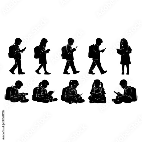 Children Using Smartphones Silhouettes – Kids Digital Technology and Screen Time Concept