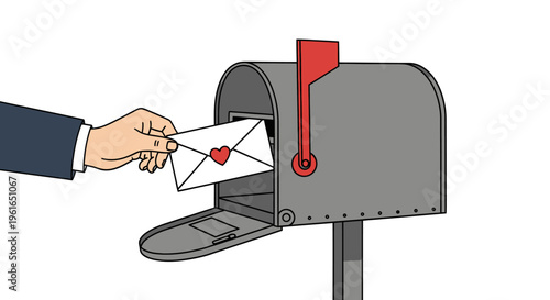 Hand dropping love letter with heart into mailbox, romance, communication, connection