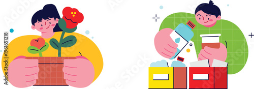 Two cheerful individuals tending to plants and organizing supplies in a happy, vibrant setting