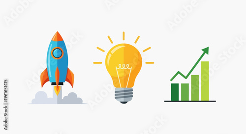 Rocket Launch, Light Bulb Idea, and Growth Chart Icons: Startup Success Concept