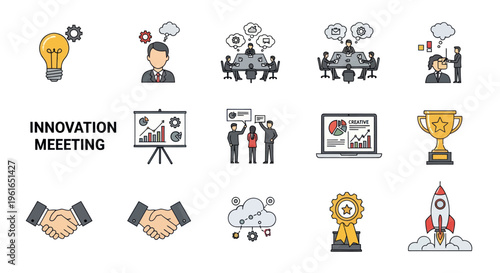 Innovation and Business Meeting Icons: Idea, Brainstorming, Collaboration, Success, Startup