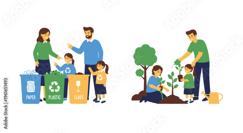 Family Recycling and Planting Trees Together for a Sustainable Future