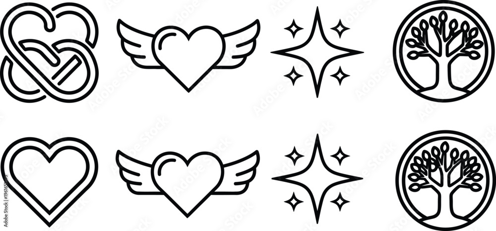 Fototapeta premium Collection of heart and tree symbols with wings and sparkles