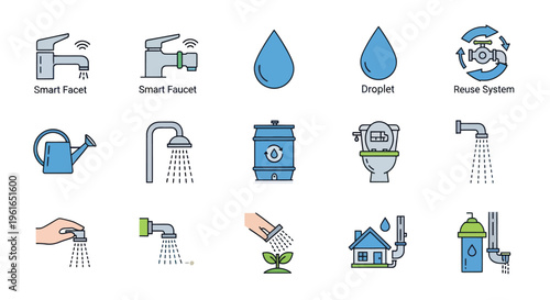 Water Conservation Icons: Smart Faucets, Droplets, Shower, Toilet, Irrigation, Plumbing