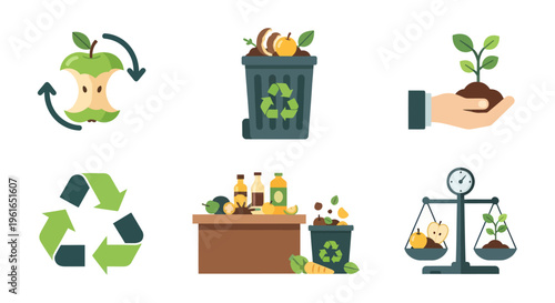 Composting Icons Set: Apple Core, Bin, Sprout, Recycle Symbol, Kitchen Waste, Scale