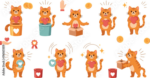 Cute cartoon cat donation and charity concept vector set featuring kittens with hearts, coins, boxes and jars for fundraising and support illustrations