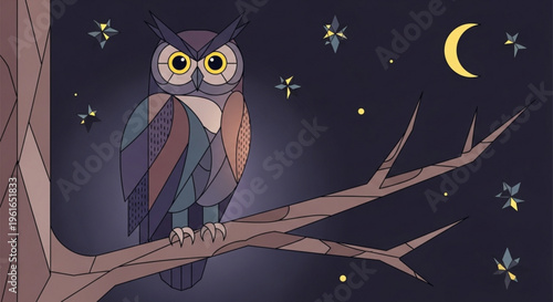 Colorful owl perched on tree branch under starry night sky with crescent moon