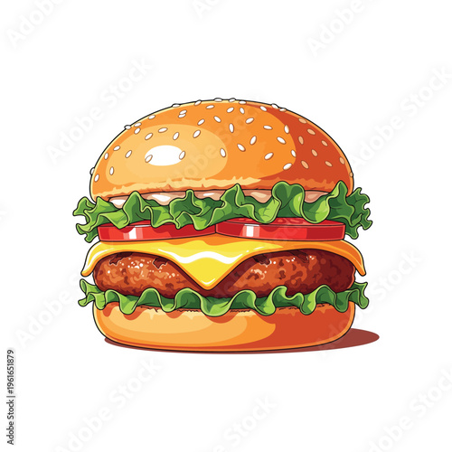 Delicious cheeseburger beef sandwich with lettuce, tomato, onion, and sesame bun isolated on a white background for a tasty fast food mealDelicious cheeseburger beef sandwich with lettuce, tomato, oni