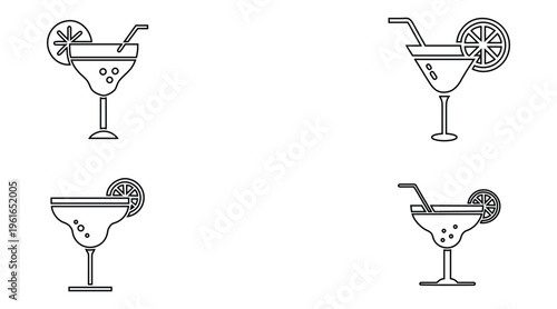 Margarita cocktail line icon vector set, cocktail glass outline icon vector illustration