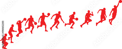 Sequence of red basketball player silhouettes showing progressive motion from dribbling to jumping and performing a slam dunk on white