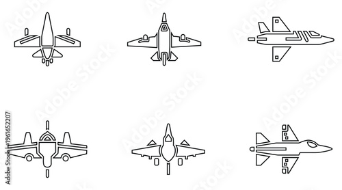 Modern fighter jet line icon set, military aircraft fighter jet outline icon vector illustration