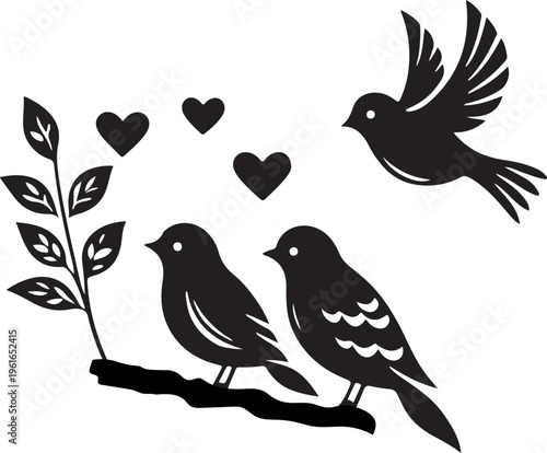 A cute nature illustration of a bullfinch bird couple as a black silhouette art drawing with a heart wing and beak sitting on a tree branch vector design