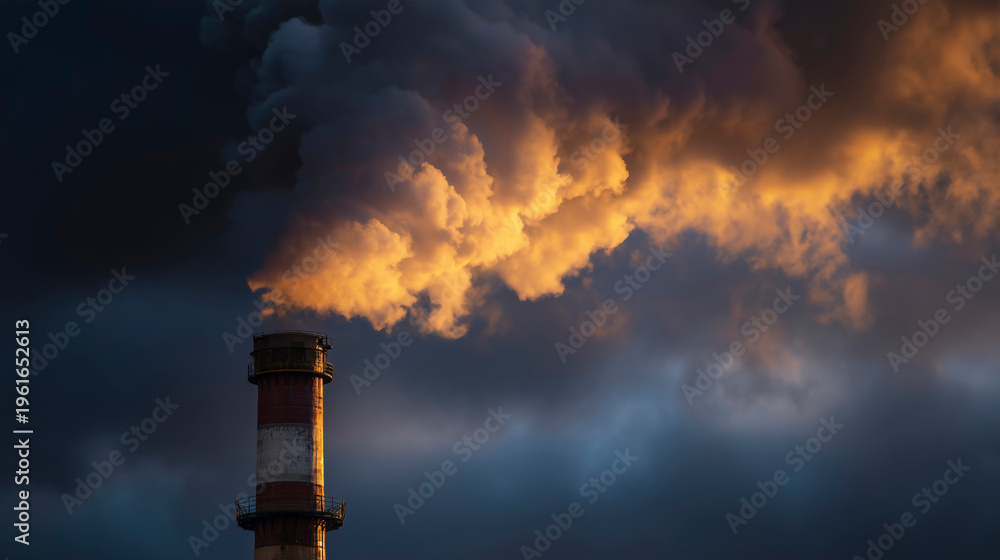 Obraz premium Industrial Chimney Emitting Golden Smoke Against Dramatic Sky