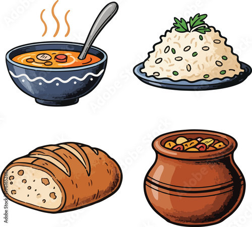 Delicious Halal Food Set for Ramadan Iftar and Eid Al-Fitr Celebration with Soup, Rice, Bread, and Stew