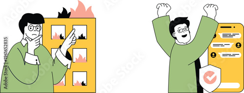 A person worried about burning files contrasts with another celebrating secure digital documents and verification badge