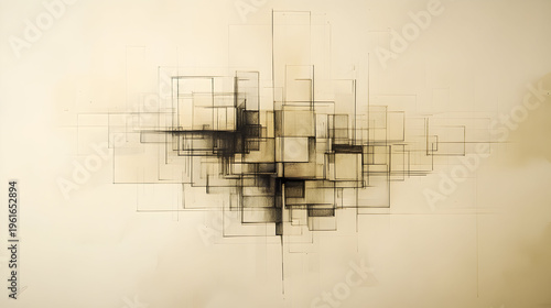Abstract geometric composition featuring overlapping transparent rectangles in shades of black and beige