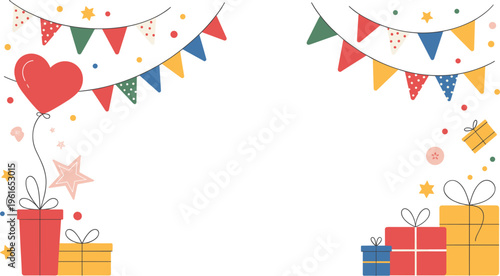 Party decorations with bunting flags gifts, festive celebration elements illustration design set