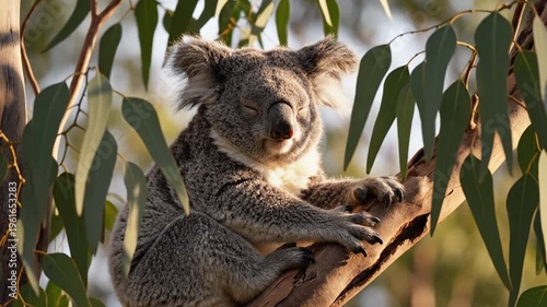 Peaceful koala resting in eucalyptus grove with soft sunlight