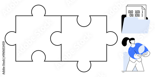 Data management, teamwork, digital transformation, analytics, collaboration, systems design. Two puzzle pieces, binary code file and individual analyzing a sphere. Data management and teamwork idea