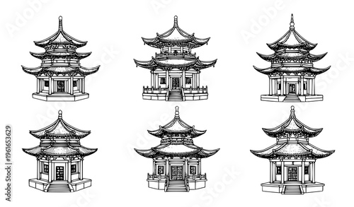 Hand Drawn Asian Pagodas – Traditional Temple Sketch Vector Illustration Collection