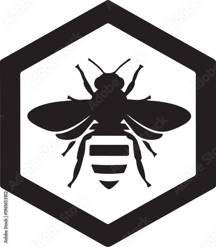 Bee Silhouette in Hexagon Icon Black and White