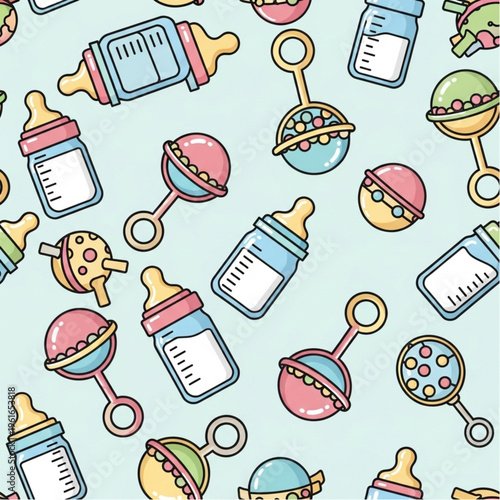 Colorful Baby Bottles and Toys Pattern.