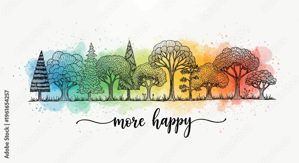 Obraz premium Rainbow tree line, colorful trees, happy illustration, eco friendly symbol isolated on White Background