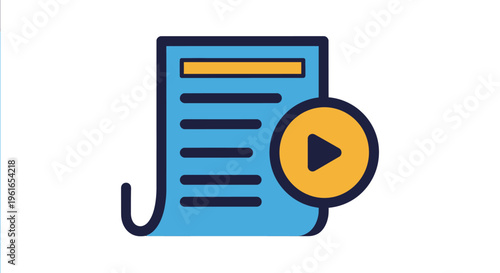 Minimalist flat vector icon of a digital document with an integrated video play button, symbolizing online learning, educational content, and multimedia resources
