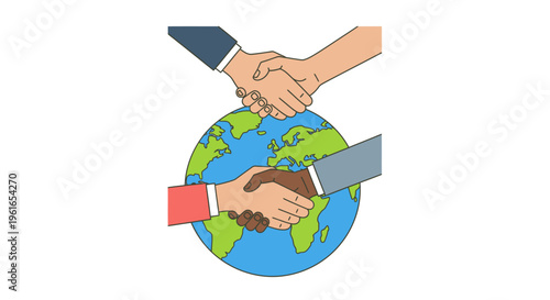 Global partnership and cooperation illustrated with hands shaking over a planet earth globe